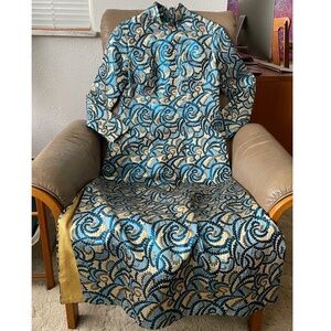 Vintage Custom Metallic Gold & Blue Brocade Mandarin Long Sleeve Sheath Gown